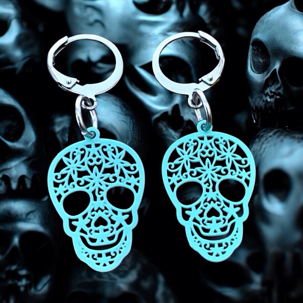 🆕 Sugar Skull Painted Thin Filigree Earrings Stainless Steel